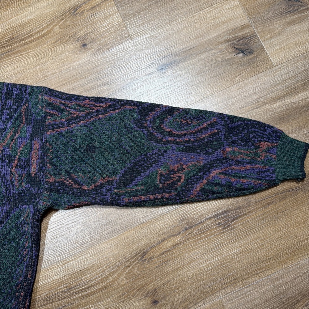 Vintage Bugle Boy Sweater Abstract Paisley Green Purple Print Streetwear Mens XL - Picture 5 of 10